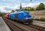 In einer ungewhnlichen Komposition (im Sandwich zweier SIEMENS Vectron Dual Mode der PRESS) fhrt ein Schienenprfzug (SPZ 3), auf Prffahrt (der Messwagen ist auf die Schiene absenkt) am 30.04.2023