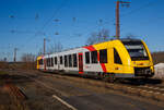 Der VT 503 (95 80 1648 103-7 D-HEB / 95 80 1648 603-6 D-HEB), ein Alstom Coradia LINT 41 der neuen Generation, der HLB Hessische Landesbahn GmbH (3LänderBahn), fährt am 07.02.2023, als RB 95