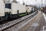 Spezieller sechsachsiger Gelenk-Taschenwagen System HELROM der Gattung Sdmrs, 87 80 4993 017-4 D-HELR, der Helrom GmbH (Frankfurt am Main), am 10 Januar 2025 im Zugverband bei der Zugdurchfahrt in