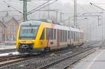   Der VT 265 (95 80 0648 165-8 D-HEB /95 80 0648 665-7 D-HEB) ein Alstom Coradia LINT 41 der HLB (Hessische Landesbahn), ex Vectus VT 265 ,fährt am 24.01.2015 bei leichtem Schneefall, als RB 95