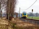   Der VT 266 (95 80 0648 166-6 D-HEB / 95 80 0648 656-6 D-HEB) ein Alstom Coradia LINT 41 der HLB (Hessische Landesbahn), ex Vectus VT 266, fährt am 17.02.2016 als RB 90  Westerwald-Sieg-Bahn 