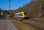 Der VT 503 (95 80 1648 103-7 D-HEB / 95 80 1648 603-6 D-HEB) der HLB (Hessische Landesbahn GmbH), ein Alstom Coradia LINT 41 der neuen Generation, verlässt am 01.03.2021, als RB 95   Sieg-Dill-Bahn  (Siegen – Dillenburg), den Bahnhof Dillbrecht in Richtung Haiger.