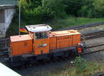 Die KSW 31, eine MaK G 763 C der Kreisbahn Siegen-Wittgenstein GmbH, rangiert am 25 Juni 2008 in Herdorf auf dem KSW-Rangierbahnhof in Herdorf (Betriebsstätte FGE -Freien Grunder Eisenbahn)   