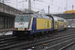 Metronom/Start 246 005 schiebt der RE nach Cuxhaven aus Hamburg-Harburg am leicht verschneeten 13 Febnruari 2026. Wegen finanzielle Schwierigkeiten m�sste Metronom in 2025 deren Kontrakt f�r REs zwischen Hannover und Hamburg, bzw G�ttingen und Hambur ...