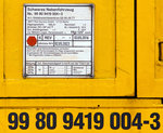 strabag-inkl-bmti-rail-service-gmbh/519089/anschriftentafel-des-gottwald-gleisbauschienenkran-gs-8008 
Anschriftentafel des GOTTWALD Gleisbauschienenkran GS 80.08 TT, Schweres Nebenfahrzeug Nr. 99 80 9419 004-3 D-BRS der BMTI Rail Service GmbH (Servicebetrieb der STRABAG SE), ex 97 82 42 503 19-8 STRABAG Rail, ex 60 80 092 3619-1 (Fa. Eichholz GmbH, Lauda), ist am 17.09.2016 in Kreuztal, mit zwei Schutzwagen der Gattung Res und der 203 841-2. abgestellt. 