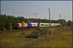 hvle V 160.8 / 203 616-8 mit einer �berf�hrung am 17.09.2014 durch die Berliner Wuhlheide zur InnoTrans 2014: vorne die von Pesa gebaute E6ACT-008 / 3 160 415-8, dahinter 222M-001 / 2 720 073 und am