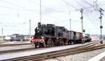 Elmar Dampfloks Nr.146 und eine andere D-Dampflok mit gemischtem Güterzug bei der Jubiläumsparade 150 Jahre Deutsche Eisenbahn in Nürnberg am 14.09.1985.