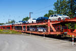 Vierachsiger (2 x zweiachsiger) Doppelstock-Autotransportwagen der Gattung Laaers 560.1 (BA 5.854) der DB Cargo Logistics GmbH (ex DB Schenker ATG) eingestellt als 25 80 4371 222-7 D-ATG am 28 Juni