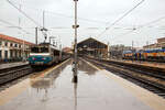 Blick vom Bahnsteig bei Regen auf den Bahnhof Marseille Saint Charles (Gare de Marseille Saint Charles) am 24 M�rz 2015. Links steht die SNCF BB 22312  Antibes / Juan-les-Pins  (BB 522312R bzw. UIC: F-SNCF 91 87 0022 312-) mit einem TER Regionalzug bereit.
