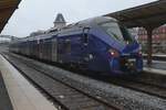 SNCF 85549 steht am 2 Januar 2025 in Sarreguemines und tragt ein Farbenkleid die der Zusammenarbeit zwischen Frankreich und Deutschland ins regionaler Grenzverkehr benachdruckt.