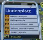 (262'315) - A-welle/PostAuto-Haltestellenschild - Mellingen, Lindenplatz - am 12. Mai 2024