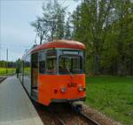 SAD Triebzug Nr12 (ex Esslingerbahn) der Rittnerbahn, ist aus Klobenstein an der Kreuzungshaltestelle Lichtenstern (Stella), hier ist Fahrerwechsel, d.h.