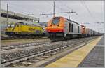 Die Dinazzano Pò (DPO) Eurolight D 284 002 (UIC 92 83 2284 002-8 I-DPO) und die D 744 006 (UIC 92 83 2744 006-3 IT-DPO) warten in Reggio Emilia mit einem Güterzug auf die Abfahrt.