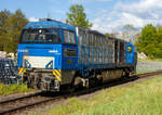 Die 272 408-6 / D20 der Bentheimer Eisenbahn AG (92 80 1272 408-6 D-BE), ex Rurtalbahn V 203 (92 80 1272 408-6 D-RTBC), eine Vossloh G 2000BB (mit symmetrischem Führerhaus) im Dienst für die KSW (Kreisbahn Siegen-Wittgenstein) auf der Talba ...