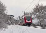 . Steuerwagen voraus bef�hrt der RE 3810 Luxembourg - Troisvierges am 02.02.2015 den eingleisigen Abschnitt der Nordstrecke zwischen Maulusm�hle und Cinqfontaines. Schublok war die 3014. (Jeanny)