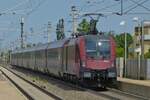 Railjet 1116 250 schiebt ihren Zug mit hoher Geschwindigkeit durch die Haltestelle von Wien-Baden in Richtung Wiener Hauptbahnhof. 03.06.2023
