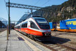 Der vierteilige Elektrotriebzug ÖBB 4024 074-8 (A-ÖBB BDET 94 81 4024 074-8) als S 3 Innsbruck – Brenner der S-Bahn Tirol am 28 März 2022 im Bahnhof Brenner /Brennero.