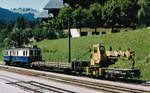 Schienenkrane/613142/montreux-oberland-bernois-bahn-mobmob-kranwagen-x-23-bei-einem Montreux-Oberland-bernois-Bahn, MOB.
MOB-Kranwagen X 23 bei einem Zwischenhalt in Saanenmöser im August 1994. 
Geführt wurde der Dienstzug mit dem De 4/4 28.
Foto: Walter Ruetsch