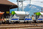 BLS Neuschotterwagen der Gattung Fccnpps (21 RIV 85 CH-BLS 6439 723-8) angestellt am 28.05.2012 im Bahnhof Spiez.