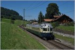 Der  Blaue Pfeil  der BLS, der BCFe 4/6 736 als Regionalzug von Spiez nach Interlaken in Faulensee.
14. August 2016