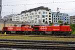 SBB 843 043 und 041 stehen am grauen 18 Mai 2026 in Basel SBB.