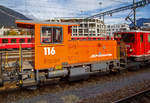   Die RhB Tm 2/2 - 116 und einem Bauzug am 01.11.2019 im Rbf Chur (aufgenommen aus einem Zug herraus).