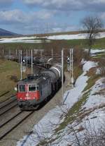 SBB: Re 420 268-5 mit einem langen Kesselwagenzug zwischen Niederbipp und Wangen an der Aare am 25. Februar 2015.
Foto: Walter Ruetsch
