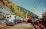 re-465-bls/239422/im-oktober-1995-begegneten-sich-im Im Oktober 1995 begegneten sich im Bahnhof Hohtenn der BLS ABDe 4/8 (mit Bt)als Regionalzug nach Brig und die Re 465 mit einem Schnellzug Richgung Bern. 
 