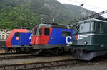 Eröffnung Gotthardbasistunnel 2016. Anlässlich der Feierlichkeiten gab es eine Rollmaterialshow in Erstfeld, hier drei Lokomotiven aus dem Bereich Güterverkehr, hier SBB Ae 6/6 11421, Re 6/6 620 033-1 und SBB Cargo Re 482 026-2 Alpäzähmer. (04.06.2016)