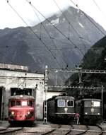 SBB RAe 2/4 Nr.1002; Re 6/6 und Ae 6/6 in Erstfeld beim Jubiläum 100 Jahre Gotthard-Bahn am 22.09.1981.