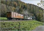 Die schöne Bernina Bahn RhB Ge 4/4 81 der Blonay Chamby Bahn ist mit einem Reisezug bei Chaulin vor dem Hintergrund des B-C Museums und etwas Gegenlicht auf der Fahrt nach Blonay.