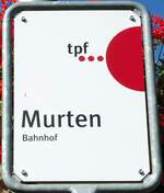 (128'057) - tpf-Haltestellenschild - Murten, Bahnhof - am 26.