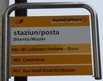 (280'082) - PostAuto-Haltestellenschild - Disentis/Mustr, staziun/posta - am 8.