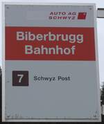(199'817) - AUTO AG SCHWYZ-Haltestellenschild - Biberbrugg, Bahnhof - am 8.