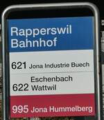 (229'786) - ZVV/RJ-Haltestellenschild - Rapperswil, Bahnhof - am 23.