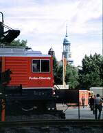 FO Furka-Oberalp-Bahn/833539/ge-44-ii-nr81-der-fo Ge 4/4 II Nr.81 der FO von SLM bei der IVA in Hamburg im Oktober 1979. Das Fahrzeug ist mit der Kirche des Hamburger Michel im Hintergrund eine Raritt.