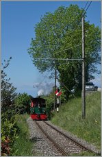 Reisende ab Blonay, die nicht im  Riviera Belle Epoque  Zug einsteigen konnten, fanden im nachfolgenden Tramway Zug auch kaum Platz, dafür konnte ich diesen Zug beim der Hippschen Wendescheibe, die als B-C Einfahrtsignal von Blonay dient, aufnehmen.
16. Mai 2016