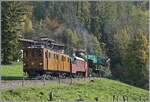 Ein seltenes Bild aus vielerlei Hinsicht: Die Bernina Bahn RhB Ge 4/4 81 der Blonay Chamby Bahn ist mit der Dampfschneeschleuder X rot d 1052 bei Chaulin auf dem Weg nach Vers-Chez- Robert.
