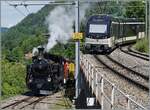 Festival Suisse de la vapeur 2024 / Schweizer Dampffestival 2024 der Blonay-Chamby Bahn -   Während der CEV MVR ABeh 2/6 7503  Blonay-Chamby  Chamby verlässt, erreicht die BFD HG 3/4 N°