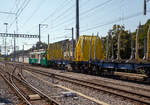 Der elektrische Schmalspur Güterzug-/Personentriebwagen MBC/BAM Be 4/4 12 rangiert, am 07 September 2023 beim Bahnhof Morges, den leeren auf schmalspurige Rollböcke vom Typ Vevey verladenen,
