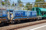 Vierachsiger zweimuldiger offener Drehgestell-Sch�ttgutkippwagen mit elektrohydraulischer Bet�tigung (Zweiseiten-Kastenkipper), 33 85 6770 530-0 CH-MBC, der Gattung Fans-u, der MBC SA (Transports de