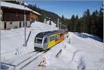 Der BLM Be 4/6 101  Mönch  erreicht als Regionalzug R 66 von (Lauterbrunnen)/ Grütschalp nach Mürren den Bahnhof von Winteregg. 

18. Februar 2025