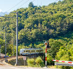   Centovallibahn - Der FART Gelenk-Triebwagen ABe 4/6 54 verlässt am 22.06.2016 das Isorno Viadukt und erreicht nun bald den Bahnhof Intraga.