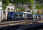 Ein MOB GPX - GoldenPass Express Zug (Stadler GPX-Wagen mit variablem Drehgestell der Montreux-Berner Oberland-Bahn AG) ist am 10 September 2023 im Bahnhof Montreux abgestellt.