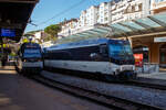 Die MOB Ge 4/4 8004 steht am 10 September 2023 mit einem GPX - GoldenPass Express (Stadler GPX-Wagen mit variablem Drehgestellen) im Bahnhof Montreux.
