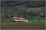 Der BDe 4/4 102 (es Birisgtalbahn) mit seinem Bt 134 an der Spitze bei Villy aufdem Weg nach Monthey. 
7. April 2016