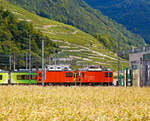
Vor dem Depot der TPC (Transports Publics du Chablais SA) in Aigle stehen am 16.09.2017 die beiden Zweikraft Diesel-Zahnrad-/Adhäsionslokomotiven HGem 2/2 943 und HGem 2/2 941.

Die 5 Schweizer Schmalspurbahnen MOB, MVR, TPC, TPF und NStCM  haben im August 2012 bei Stadler maßgeschneiderte  Zweikraft  Diesel-Zahnrad- und Adhäsionslokomotiven der Typen HGem 2/2 und Gem 2/2  bestellt.  Die Lokomotiven werden den Infrastrukturdivisionen zugeteilt  und für Baueinsätze, Schneeräumung und Interventionsfahrten eingesetzt.  

Dank ihrer Bi-Modalität schlummert in den Loks großes Potenzial: Zur Beförderung von schweren Bauzügen können die Lokomotiven in Vielfachsteuerung eingesetzt werden und umweltschonend elektrisch zur Arbeitsstelle fahren. Für das Manöver vor Ort bei abgeschalteter Fahrleitung oder einer Fahrleitungsstörung ist ein moderner, leistungsfähiger Dieselmotor vorhanden. Für Spezialeinsätze kann die Lok von einer Funkfernsteuerung aus betrieben werden.

Technische Merkmale:
Drehstrom-Asynchron-Antriebstechnik mit ABB-Stromrichter stufenlos regulierbar mit sehr guten, ökonomischen Langsamfahreigenschaften für die Arbeitseinsätze.
Fahrmotoren und Generator von TSA.
Achtzylinder-Dieselmotor von Mercedes-Benz, Euro IIIB und Partikelfilter.
Rekuperation der Bremsenergie im elektrischen Betrieb möglich, Bremswiderstände für die Fahrt im Dieselbetrieb, resp. bei nicht vorhandener Fahrleitung vorhanden.
Möglichst viele Gleichteile wie bei den diversen Personen-Triebwagen für die gleichen Bahngesellschaften (identische Achsantriebe, Traktionselektronik, Leittechnikmodule, Führerstand-Bedienelemente, Druckluftanlagen etc.)
Umfangreiche Beleuchtungsmittel zusätzlich zur Frontbeleuchtung: Suchscheinwerfer, Warnleuchten, Kupplungsausleuchtung, Fahrzeuglängsbeleuchtung.
Bordnetz 400 VAC
Platz für bis zu 10 Personen in der Lok (Bauzüge)

TECHNISCHE DATEN HGem 2/2 der TPC:
Anzahl: 3
Spurweite: 1.000 mm  
Lieferjahre: 2016–2017  
Eigengewicht: 28 t
Länge über Kupplung: 8.370 mm
Länge über Kasten: 7.550 mm               
Achsstand: 4.250 mm 
Fahrzeugbreite: 2.700 mm
Fahrzeughöhe: 3.874 mm
Treibraddurchmesser neu/alt: 876 / 852 mm
Zahnraddurchmesser neu/alt: 798 / 774 mm
max. Leistung am Rad: 700 kW 
max. Leistung im Bremsbetrieb: 700 kW  
max. Leistung im Dieselbetrieb: ca. 400 kW 
Max. Anfahrzugkraft am Rad Adhäsion: 70 kN  
Max. Anfahrzugkraft am Zahnrad: 135 kN
Zuladung:  0.8 t / 8 Sitzplätze
Höchstgeschwindigkeit Adhäsion: 60 km/h
Höchstgeschwindigkeit Zahnrad bergwärts bei 230-135‰ : 25 km/h 
Höchstgeschwindigkeit Zahnrad talwärts bei 230‰ : 13 km/h
Höchstgeschwindigkeit Zahnrad talwärts bei 200‰ : 14 km/h
Höchstgeschwindigkeit Zahnrad talwärts bei 170‰ : 15,5 km/h
Höchstgeschwindigkeit Zahnrad talwärts bei 135‰ : 17,5 km/h
Übersetzungsverhältnisse:  Adhäsion 1:11.22 / Zahnrad 1:8.9
Fahrleitungsspannung: 1.500 und 750 VDC
Tankinhalt: ca. 2 x 250 Liter
Hilfsbetriebe: Batterieladung 24VDC, 8kW / 400VAC-HB-Netz 25 kVA  

Quelle: Stadler Rail
