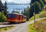 Die tpc BVB HGe 4/4 32 „Villars“ erreicht am 10 September 2023, mit einem Personenzug/Pendelzug (Personenwagen tpc BVB B 51 und Steuerwagen tpc BVB Bt 54), den Haltepunkt Bouquetins auf