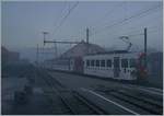 Bei dichtem Nebel und noch in der Morgendämmerung erreicht der TPF Be 4/4 121 mit dem B 207, B209 und dem ABt 221 den Bahnhof von Broc Village.