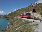 Vorsicht! ein Zug kommt - uns zwar der Rhb Regionalzug von St.Moritz nach Tirano der den Bahnhof Ospizio Bernina verlassen hat und nun Richtung Alp Grm fhrt.